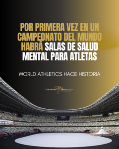 Imagen de estadio olímpico en Tokio con mensaje sobre salas de salud mental para atletas en el Mundial de Atletismo
